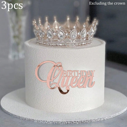 3pcs Birthday Princess Queen Acrylic Cake Topper Gold Silver Mirror Cake Insert Happy Birthday Cake Decoration for Women
