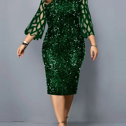 New Party Dress Plus Size Ladies Midi Sequin Mesh Long Sleeve Lace Elegant Bodycon XL-4XL 5XL Evening Dresses Woman Summer 2023