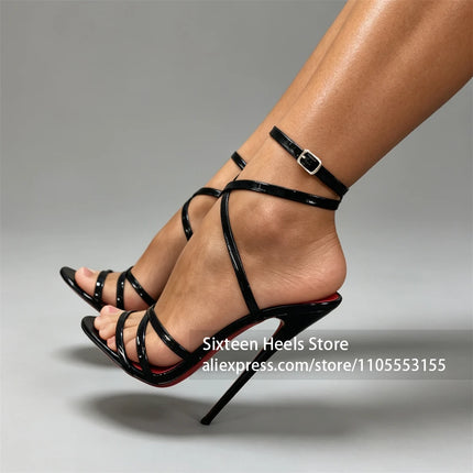16cm Patent Leather Strappy Stiletto Sandals Ankle Strap Super High Heel Shoes Multi Crisscross Straps Lacquered Heel Sandals
