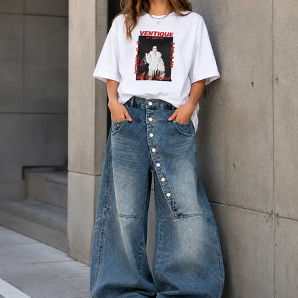 Women's Asymmetric Button Front Baggy Jeans, High Waist Vintage Washed Wide Leg Denim Pants Y2K Streetwear Loose Barrel Jeans for Daily Wear