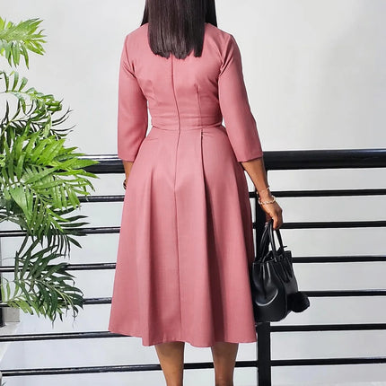 Elegant Office Dresses for Woman O Neck Three Quarter Sleeve Pleated Mid Calf Formal Ladies Business Work Wear Dress Midi Cloth