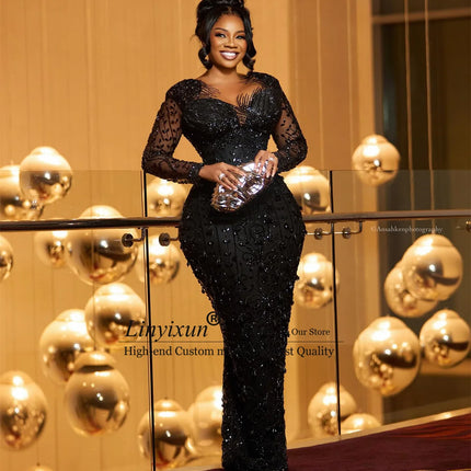 Glitter Beaded Diamond Prom Dresses Full Sleeves Wedding Eevening Reception Gowns Customized Formal Long Aso Ebi Robe De Soiree