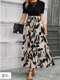 Elegant Floral Print Round Neck Long Dresses Women Short Sleeve High Waist Lace-up Office Lady Holiday Party Dresses Vestidos