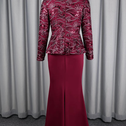 Elegant Women Sequin Dress V Neck Long Sleeves 3D Floral Design Peplum Waist Fitted Mermaid Hem Wedding Party Cocktail Events