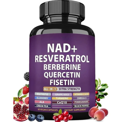 NAD+ Resveratrol Supplement with Berberine Quercetin Fisetin CoQ10 Vitamin C D3, 60 Vegan Capsules for Daily Nutrition Support