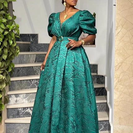 Women V Neck Puff Sleeve Maxi Dress Belted Waist A Line Ball Gown Dress For Formal Evening Party Occasion