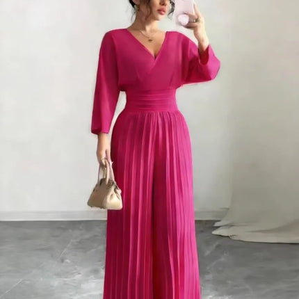 Women Spring Sexy Deep V-neck High-waisted Pleated Jumpsuit Fashion Solid Backless Slim Elegant Office Lady Wide-leg Jumpsuits