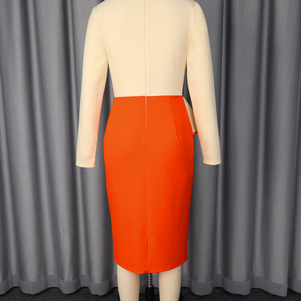 Women Elegant Color Block Elegant Dresses Turn Down Collar Long Sleeves Asymmetric Hem High Waist Slim Party Office Lady Gowns