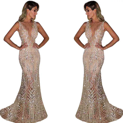 Female Clothing 2025 Annual Meeting Evening Dress Women's Long Sleeveless Sexy Deep V Neck Sequined Women Elegant Party Dresses
