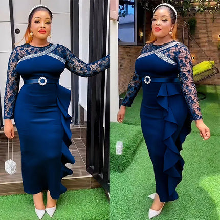 Cross-Border African Women's plus Size Heavy Embellished Party Long Dress Commute Casual Style High Waist Long Sleeve Dress