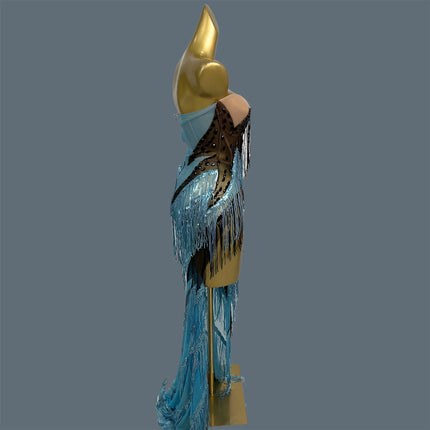 Women Black Blue Fringe Strapless Long Dress Nightclub Party Stage Performance Outfit High Slit Rhinestone Evening Gown Qinggao