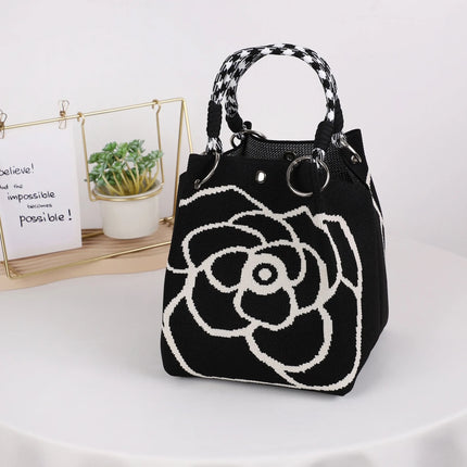 Mini Knitted Bucket Bag Women Small Handbag Geometric Colorblock Wristlet Purse With Detachable Handle