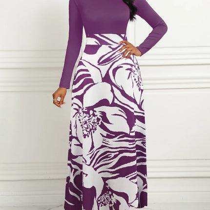 Women Dresses Long Sleeve Round Neck Printed Hem Long Dress Purple Elegant Style