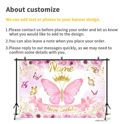 Custom Name Birthday Photo Backdrop Banner - Princess Theme Floral Butterfly Background with Glitter for Girls Party Decor