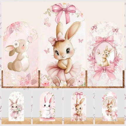 Pink bow cute rabbit arch background baby shower baby first birthday party layout background double-sidedprinting stretch fabric