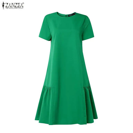 2026 Summer Sundress ZANZEA Women Solid Color Dress Elegant Ruffled Work Dresses Stylish Casual Holiday Party Knee Length Robe