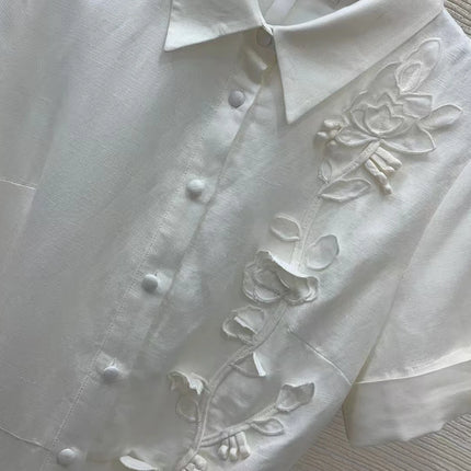 High quality women's 2026 new linen blend three-dimensional decal embroidery short sleeved lapel shirt dress with folded edges