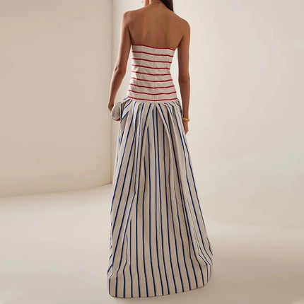 Fashion Contrast Color Stripe Printed Dress Elegant Off Shoulder Sleeveless Vacation Dress Summer Tube Tops Pleated A-line Dress