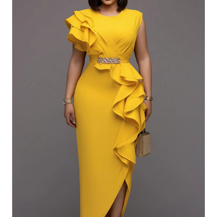 Women's Round Neck Ruffle Decor Split Maxi Bodycon Dress For Wedding Guest Banquet Evening Party Formal Fashion Occasions