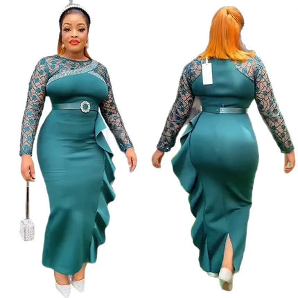 Cross-Border African Women's plus Size Heavy Embellished Party Long Dress Commute Casual Style High Waist Long Sleeve Dress
