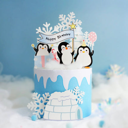 Happy Birthday Cake Topper Penguin Hat Snowflake Anniversary Cupcake Toppers Baking DIY Party Flag Baby Shower Cake Decor