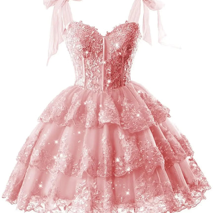 Sparkly Tiered Lace Tulle Homecoming Dresses Short Bow Straps Formal Prom Gowns Sweet 16