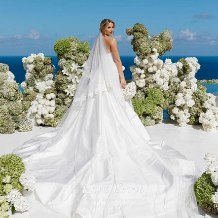 AG Customized Wedding Dress Elegant Satin Wedding Dress Strapless A Line Front Split Bridal Gowns Sweap Train Cape Bride Dresses