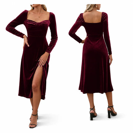 Women Velvet Midi Dress, Sweetheart Square Neck Long Sleeve High Waist Split Cocktail Dress, Elegant Formal Party Wedding Guest Evening Dress