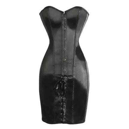 S-6XL Satin Women's Long Torso Corset Lace Up Overbust Punk Style Bustier Everyday Club Wear Dress Plus Size Black
