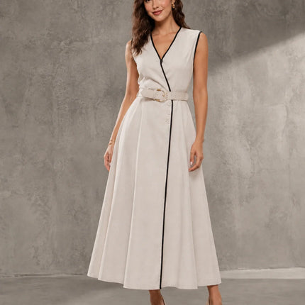 Contrast Piping Belted Wrap Midi Dress for Women, Sleeveless V‑Neck Button Detail A‑Line Linen Blend Dress for Office Business Casual Summer Wear