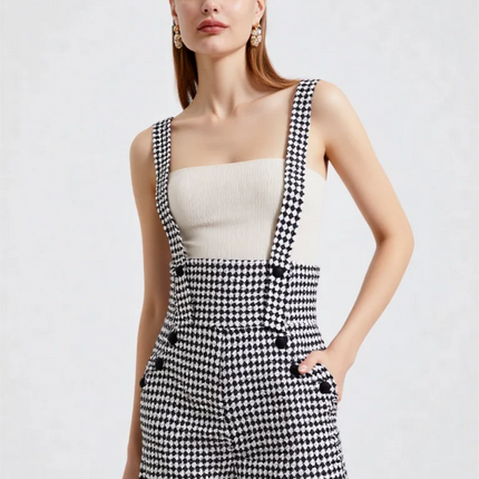 Overalls for Women's Winter Jumpsuit Black White Vintage Wide Leg Suspender Pants for Office Commute Casual Female Clothing