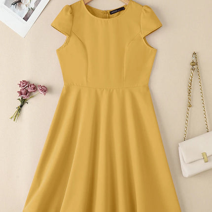 ZANZEA 2025 Summer Sundress Women O-Neck Waisted Dresses Elegant Short Sleeve Pleated Work Vestidos Solid Party Knee-Length Robe