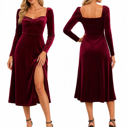 Women Velvet Midi Dress, Sweetheart Square Neck Long Sleeve High Waist Split Cocktail Dress, Elegant Formal Party Wedding Guest Evening Dress