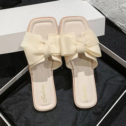 Casual Soft Sole Bowknot Slippers PVC Anti Slip Flat Slides Sandals Sweet Shoes Slippers Women Summer