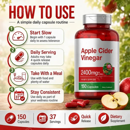 Apple Cider Vinegar Capsules 2400mg Per Serving Daily Wellness Support Non GMO Gluten Free 150 Capsules
