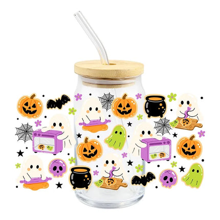 Halloween UV DTF 3D Ghost Design Transfer Sticker Wraps Cup Libbey Glass Cup 16 oz Waterproof Decals DIY Cartoon