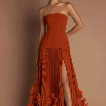 Elegant Banquet Strapless Maxi Dress 3D Floral Pleated Train Hem Waist Tie Solid Gown Luxury Flowy Sleeveless Gala Party Outfit