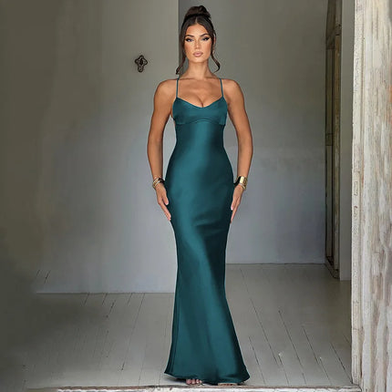 2026 Summer High Waist Slim Lady Dress Fashion Backless Women's Evening Dresses Slash Neck Spaghetti Strap Satin Dress Spring