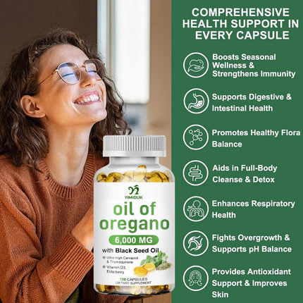 Oregano Oil + With Black Seed Oil & Elderberry + Vitamin D3, Supports Antioxidant & Skin Health, Antibacterial & Immune System