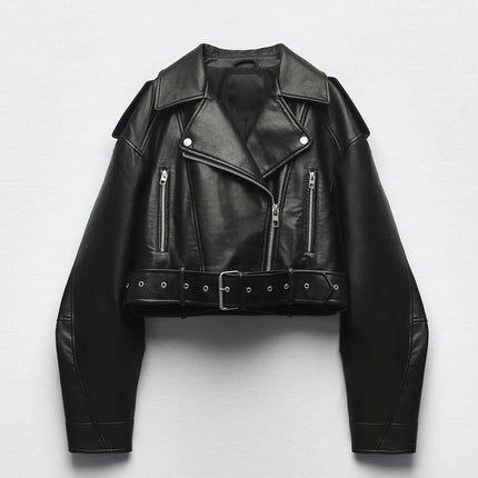 Ailegogo Spring Autumn Women Faux Pu Leather Short Jacket with Belt Motorcycle Biker Female Zipper Lapel Loose Coat Outwear