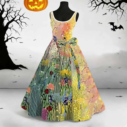 Elegant Long Skirt Retro Floor-Length Skirt Daily Fashion Vest Dress Round-Neck Slim Skirt Summer Women's Sleeveless Dress