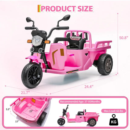 12V Kids Electric Tricycle With Trailer, 110W Ride On Motorcycle Tractor, Sand Shovel, Bluetooth Music, LED Headlight, 3 Speeds