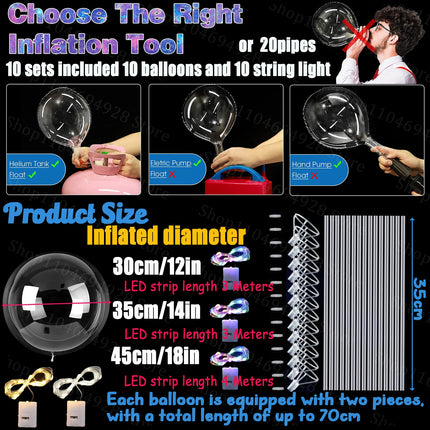 10-100Sets Led Balloons with Batteries Light Up Clear Glow Balloons for Wedding Birthday Prom Baby Shower Glow Stick Party Decor