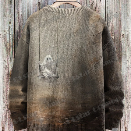 Halloween Retro Cute Spooky Swing 3D Printed Men's Crewneck Knitted Pullover Winter Unisex Casual Knit Pullover Sweater ZZM48