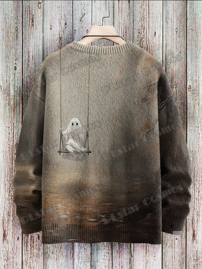Halloween Retro Cute Spooky Swing 3D Printed Men's Crewneck Knitted Pullover Winter Unisex Casual Knit Pullover Sweater ZZM48