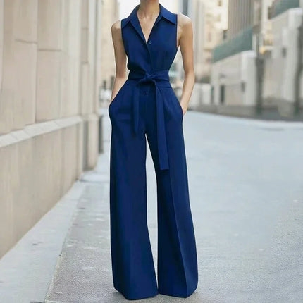 Summer Tie Up Sleeveless Jumpsuits Women Turndown Collar High Waist Commut Single Breasted Wide Leg Pants Solid Color Jumpsuit