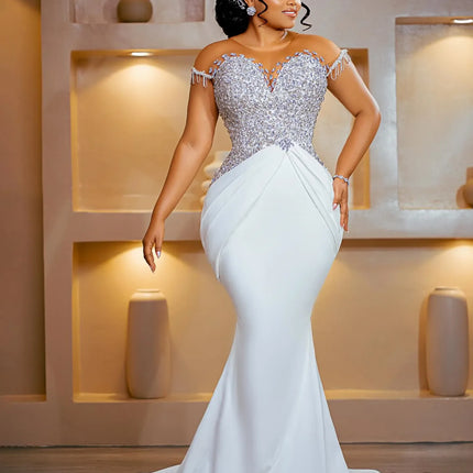 Customized Plus Size Wedding Dresses For Bride Detachable Train Mermaid Ball Gown Sheer Neck Short Sleeves Beaded Bridal Gowns