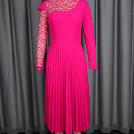 Rose Women A Line Pleated Dresses Half High Collar Patchwork Lace Long Sleeves Elegant Evening Church Party Wedding Guest Wear
